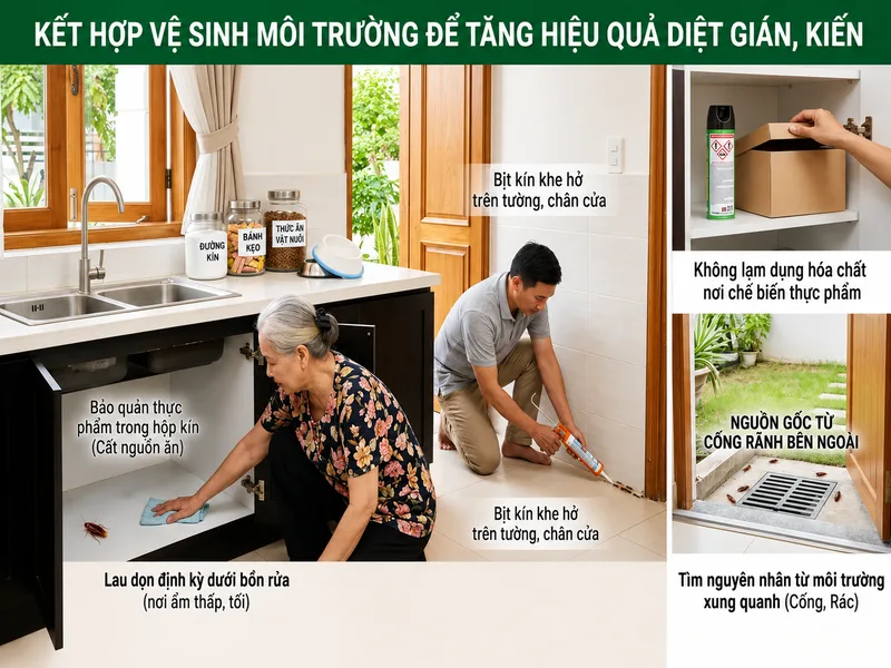 Mẹo đuổi gián hiệu quả bắt đầu bằng việc giữ bếp sạch, cất kín thực phẩm và loại bỏ nguồn nước quanh nhà.